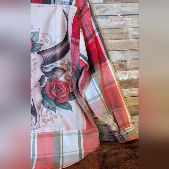 Boho Southwestern Bull W Roses Upcycled Dip Dye Bleached Flannel Shirt - Picture 8 of 15